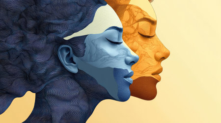 This captivating artwork features two female profiles in vibrant colors, symbolizing harmony and duality through unique textures and creative expression in a stunning visual composition.の素材
