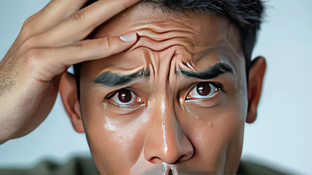 A close-up portrait of a man showing intense anxiety and concern with detailed features. The image captures the emotional struggle through facial expressions.の素材