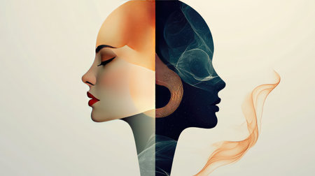 Stunning abstract art depicting two female silhouettes in profile, one light and vibrant, the other dark and enigmatic, showcasing themes of duality and beauty.の素材