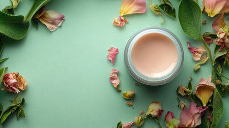 This captivating arrangement features a jar of natural skincare cream nestled among delicate floral petals and lush green leaves, creating a serene and elegant aesthetic for beauty enthusiasts.の素材