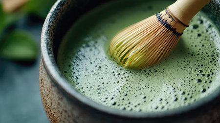 A serene scene featuring a whisk mixing smooth green matcha tea in a bowl, highlighting the traditional preparation and cultural significance of this celebrated beverage.の素材