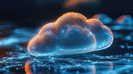 A stunning conceptual image of a glowing cloud, symbolizing the digital transformation and data exchange in modern technology, set against a futuristic backdrop.の素材