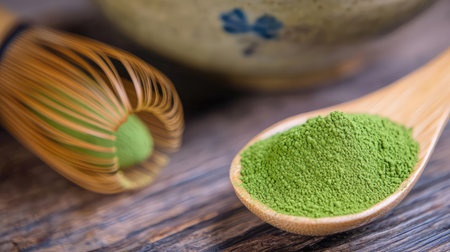 Matcha powder displayed in a wooden spoon, accompanied by a bamboo whisk and a ceramic bowl, ideal for tea enthusiasts and culinary creators seeking quality ingredients.の素材