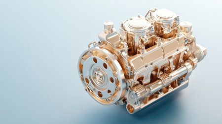 Explore a stunning close-up of a brilliantly polished engine component, showcasing intricate engineering and mechanical design perfect for automotive enthusiasts and industry professionals.の素材