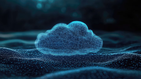 An imaginative depiction of a digital cloud floating above a network landscape. This visually stunning image embodies themes of technology and data transformation.の素材