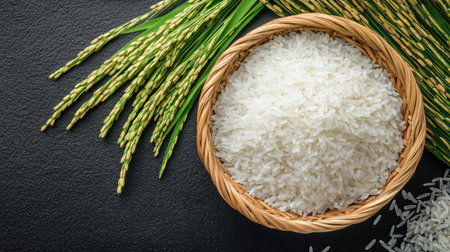 A captivating display of freshly harvested rice showcasing a woven basket brimming with white rice, complemented by vibrant green rice plants on a black slate background.の素材