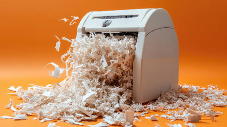 A modern shredder overflows with finely shredded paper against a vibrant orange background, illustrating the importance of document security and proper waste management in home and office environments.の素材