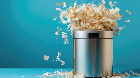 A sleek metallic trash can is filled with white shredded paper, artistically spilling out against a vibrant blue backdrop, symbolizing cleanliness and modern organization in any setting.の素材