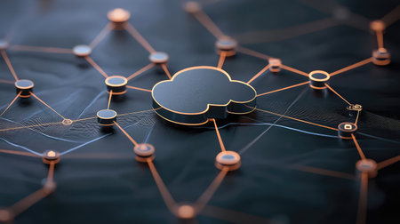 An abstract visualization illustrating cloud computing technology with interconnected nodes, emphasizing modern data flow and network infrastructure in a sleek, dark environment.の素材