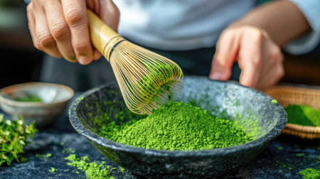 A skilled artisan meticulously prepares vibrant green matcha powder using a traditional whisk in a Japanese culinary setting, highlighting the rich cultural heritage of tea ceremonies.の素材