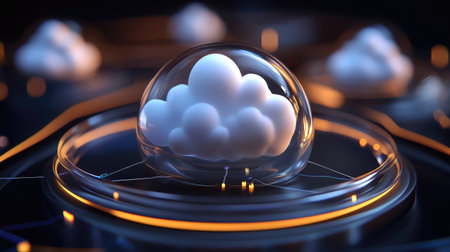 A captivating 3D illustration of a cloud encapsulated in a transparent sphere, highlighted by gentle light, representing the future of technology and connectivity in a digital space.の素材