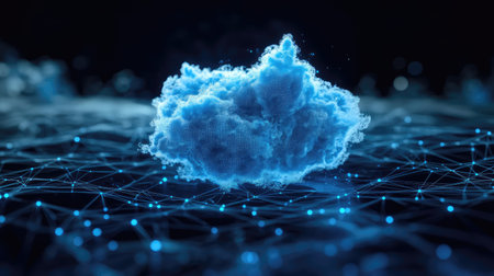 A stunning illustration of a blue cloud floating in a digital landscape, symbolizing advanced technology and connectivity. Perfect for themes of innovation and modernism.の素材