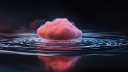 An enchanting image of a soft cloud floating over a tranquil water surface, showcasing ripples and reflections. Perfect for evoking calmness and creativity in various designs.の素材