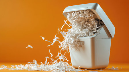 A white paper shredder with overflowing shredded paper rests against a bold orange background, symbolizing efficiency and organization in modern office environments.の素材