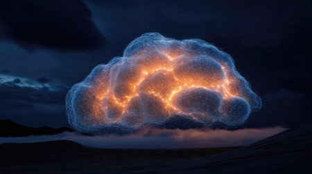 This captivating image showcases an electric cloud glowing with intricate designs, casting a surreal light in the dark sky above an enchanting landscape, evoking wonder and imagination.の素材