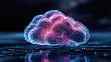 A striking representation of a digital cloud with vibrant neon colors floating above a reflective surface, highlighting technological innovation and creativity in cyber space.の素材