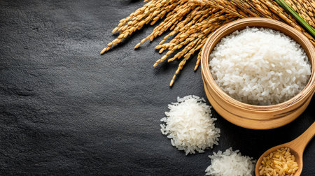 A beautiful arrangement of freshly harvested rice in a wooden bowl alongside paddy stalks and scattered grains on a dark stone surface, representing natural food and healthy cooking options.の素材