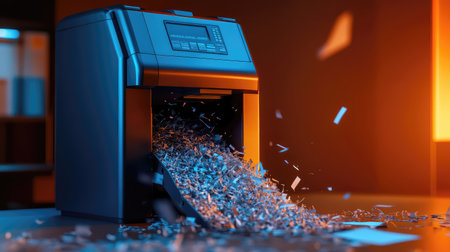 A contemporary paper shredder actively shredding documents in a modern office space, highlighting the importance of security and organization in productivity-driven environments.の素材