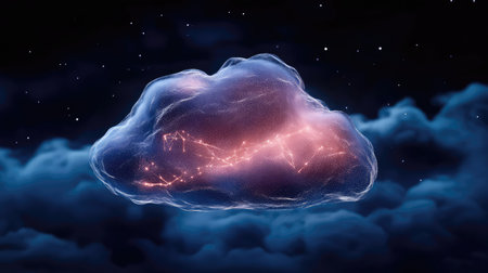 A surreal cloud gently illuminated by cosmic light floats against a starry night sky, creating a mesmerizing, dreamlike atmosphere that invites wonder and reflection.の素材