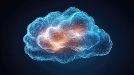 A stunning abstract cloud image with glowing blue and orange hues, set against a dark background, perfect for creative projects and visual storytelling.の素材