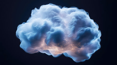 A stunning ethereal cloud formation illuminated with luminous tendrils against a dark background, symbolizing imagination and creativity in a visually captivating abstract design.の素材
