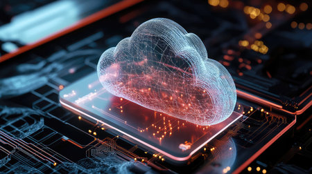 A stunning visualization of a digital cloud over a circuit board, showcasing modern connectivity and data exchange in a high-tech environment. Ideal for tech-related projects.の素材