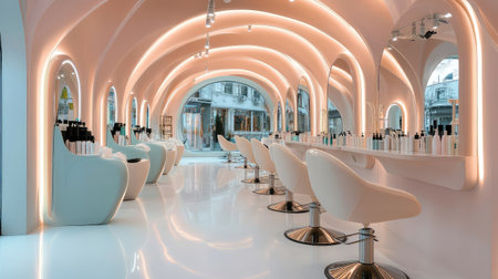 Explore a chic and modern hair salon interior featuring illuminated arches, sleek white chairs, and a minimalistic design perfect for beauty and haircare services.の素材