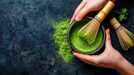 A beautiful scene of hands preparing matcha green tea in a bowl, showcasing whisks and vibrant powdered matcha on a dark surface, promoting health and wellness.の素材