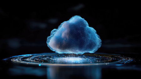 A captivating digital cloud symbolizing connectivity and innovation, illuminated by surrounding data streams in a dark environment, ideal for technology and digital themes.の素材