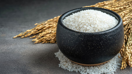 A rustic black bowl filled with freshly harvested rice grains sits on a textured surface, accompanied by golden rice stalks, emphasizing organic and natural farming practices.の素材