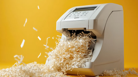 A modern shredding machine overflowing with shredded paper against a vibrant yellow background, representing document security and efficient waste disposal in office environments.の素材