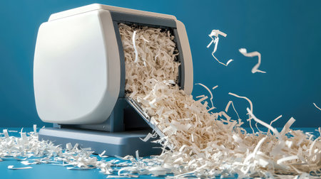 A sleek and modern document shredder overflowing with white paper shreds, placed against a vivid blue background, emphasizing the importance of document security and waste disposal.の素材