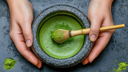 A serene moment capturing hands preparing vibrant matcha green tea using a bamboo whisk in a traditional bowl, emphasizing the importance of wellness and culinary artistry.の素材