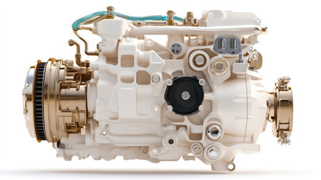 High-resolution image of a detailed engine component showcasing a mix of materials and intricate design elements, emphasizing modern automotive engineering and innovation.の素材