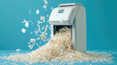 A modern paper shredder overflowing with shredded documents creates a captivating visual on a mint background, highlighting the importance of document safety and clutter management.の素材