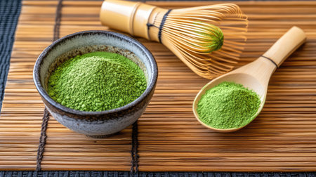 This image showcases matcha powder in a bowl and spoon, accompanied by a bamboo whisk on a bamboo mat, perfect for capturing the essence of traditional tea preparation.の素材