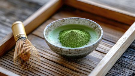 A beautifully arranged bowl of vibrant matcha green tea powder accompanied by a traditional bamboo whisk, set on a rustic wooden tray, ideal for tea ceremonies and culinary delights.の素材