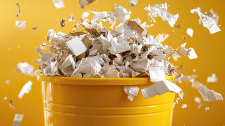 This image features a vibrant yellow bucket overflowing with crumpled paper shreds, set against a bright yellow background, ideal for themes of recycling, waste management, and environmental awareness.の素材