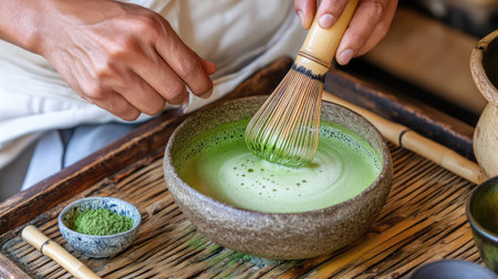 Capture the essence of Japanese tea culture as a hand whisks vibrant matcha in a beautifully crafted bowl. Experience the tranquility and artistry of this ancient ritual.の素材