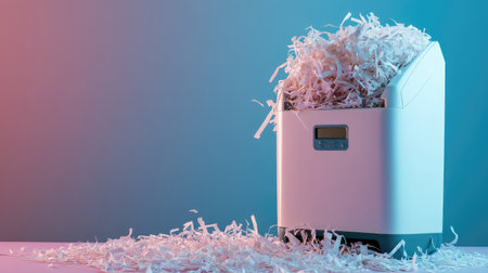 A sleek document shredder surrounded by shredded paper, symbolizing efficiency and security in document disposal, suitable for both home and office use.の素材
