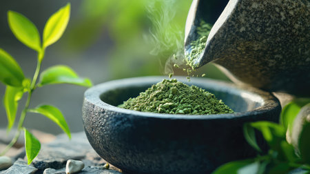 A serene composition featuring vibrant green herbal powder in a rustic stone bowl. Gentle steam rises, surrounded by fresh leaves, evoking tranquility and wellness.の素材