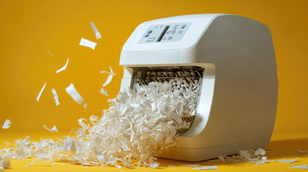 A modern shredding machine expels shredded paper against a vibrant yellow backdrop, showcasing the importance of document security and efficient organization in any workspace.の素材