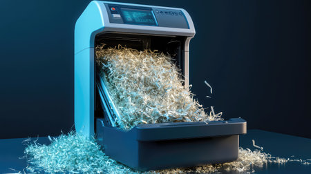 An advanced paper shredder overflowing with shredded material highlights the importance of security and confidentiality in modern office environments and waste management practices.の素材