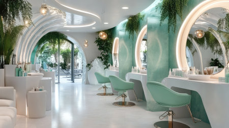 Discover a chic spa interior designed for relaxation, featuring modern styling, comfortable chairs, serene lighting, and lush greenery to enhance the beauty experience.の素材