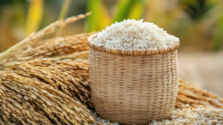 A close-up view of a wicker basket filled with white rice, set against a backdrop of golden rice stalks, symbolizing the beauty of agricultural harvest and natural food production.の素材