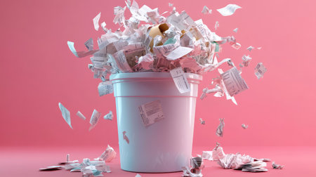 An imaginative scene depicting paper waste flying out of a white trash bin against a vivid pink backdrop, focusing on themes of recycling and environmental responsibility.の素材