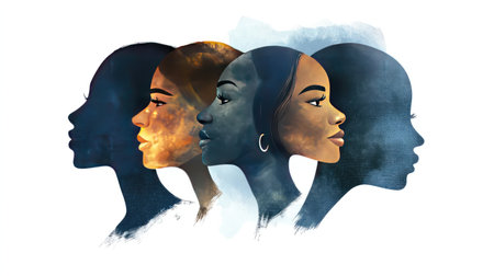 Artistic illustration featuring diverse female silhouettes in profile, each representing unique characteristics, colors, and expressions of identity and individuality.の素材
