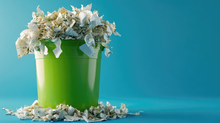 A vibrant green trash bin overflows with crumpled sheets of paper on a bright blue background, representing themes of waste management and the importance of recycling in everyday life.の素材