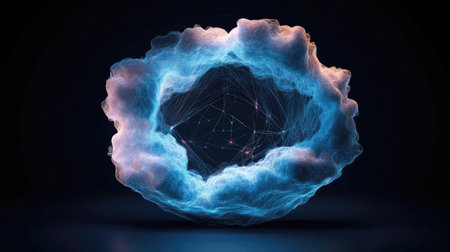 An abstract cloud enveloping a digital network sphere showcases innovation and connectivity, creating a captivating visual experience in a dark setting.の素材