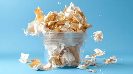 A transparent bin filled with crumpled paper waste highlights the importance of recycling, organization, and environmental responsibility in a sleek and modern workspace.の素材